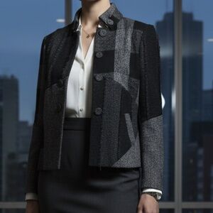 Coldwater Creek Womens blazer Black Patch Work  Fringe Academia Goth office